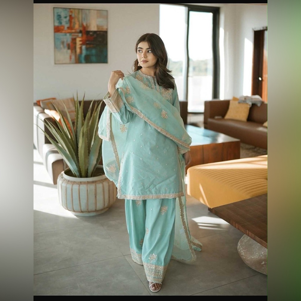 Elegant Women's Light Blue Embroidered Pants & Jumpsuit Set